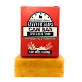 A box of Savvy Fit Soaps Cam Bar in Spice & Herb Fusion, plant-based and USA-made, showcasing a natural and aromatic skincare product.